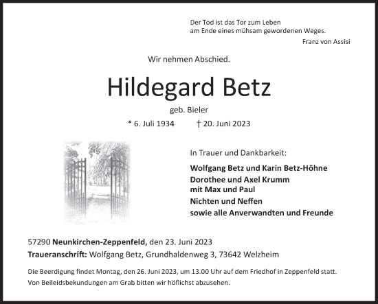 Traueranzeige von Hildegard Betz von Siegener Zeitung