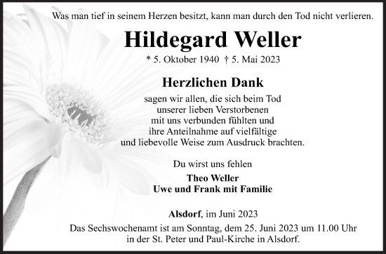 Traueranzeige von Hildegard Weller von Siegener Zeitung