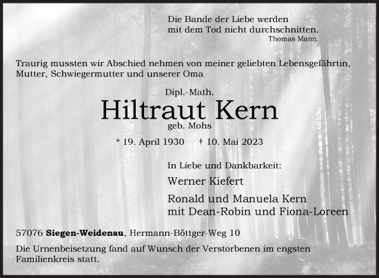 Traueranzeige von Hiltraut Kern von Siegener Zeitung