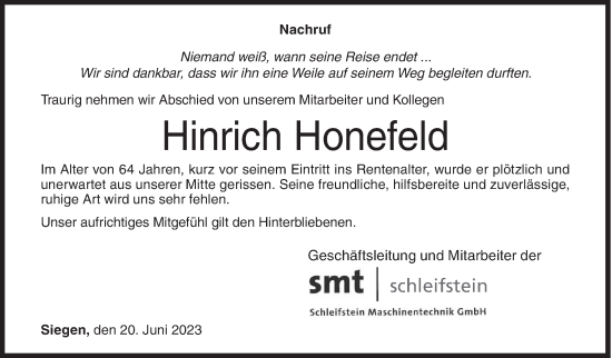 Traueranzeige von Hinrich Honefeld von Siegener Zeitung