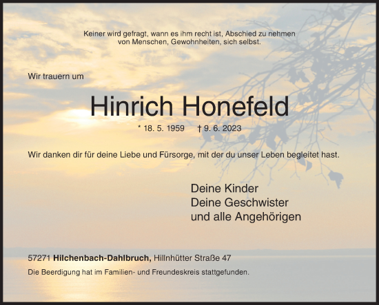 Traueranzeige von Hinrich Honefeld von Siegener Zeitung