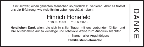 Traueranzeige von Hinrich Honefeld von Siegener Zeitung