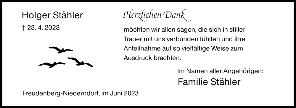  Traueranzeige für Holger Stähler vom 10.06.2023 aus Siegener Zeitung