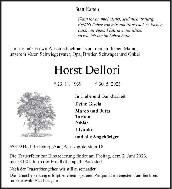 Traueranzeige von Horst Dellori von Siegener Zeitung