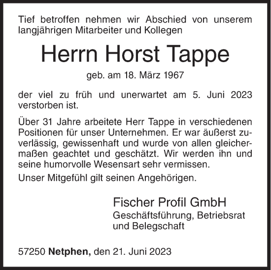 Traueranzeige von Horst Tappe von Siegener Zeitung