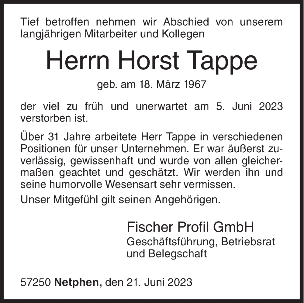  Traueranzeige für Horst Tappe vom 21.06.2023 aus Siegener Zeitung