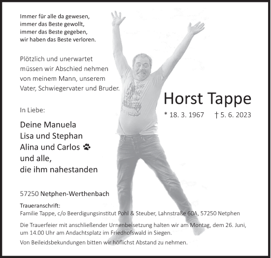 Traueranzeige von Horst Tappe von Siegener Zeitung