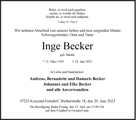 Traueranzeige von Inge Becker von Siegener Zeitung