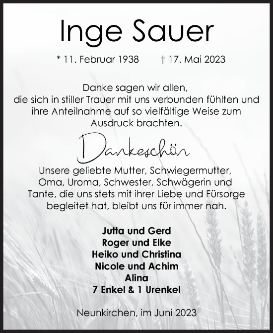 Traueranzeige von Inge Sauer von Siegener Zeitung