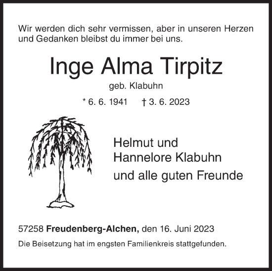 Traueranzeige von Inge Alma Tirpitz von Siegener Zeitung