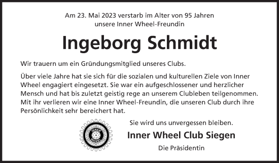 Traueranzeige von Ingeborg Schmidt von Siegener Zeitung