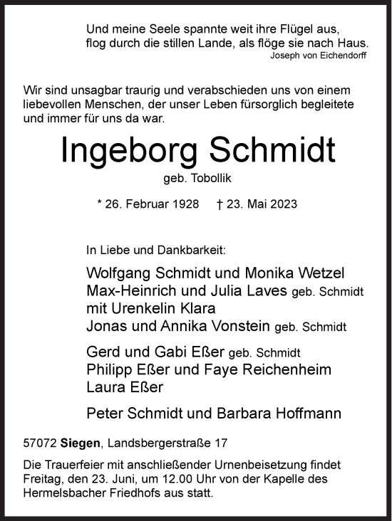 Traueranzeige von Ingeborg Schmidt von Siegener Zeitung
