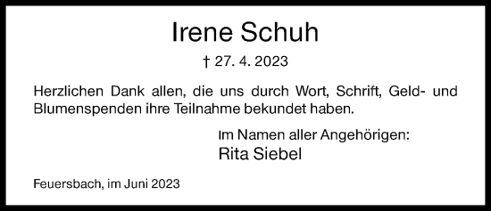 Traueranzeige von Irene Schuh von Siegener Zeitung