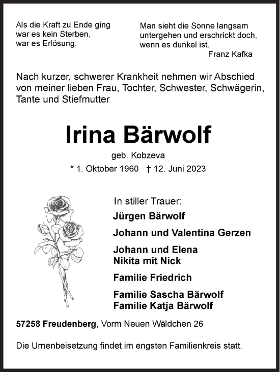 Traueranzeige von Irina Bärwolf von Siegener Zeitung