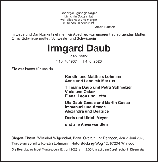 Traueranzeige von Irmgard Daub von Siegener Zeitung