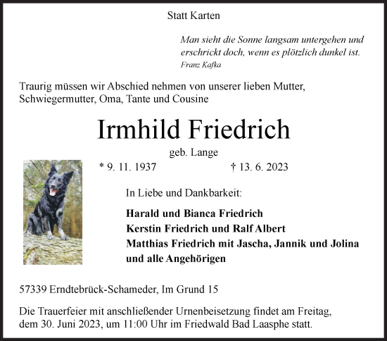 Traueranzeige von Irmhild Friedrich von Siegener Zeitung