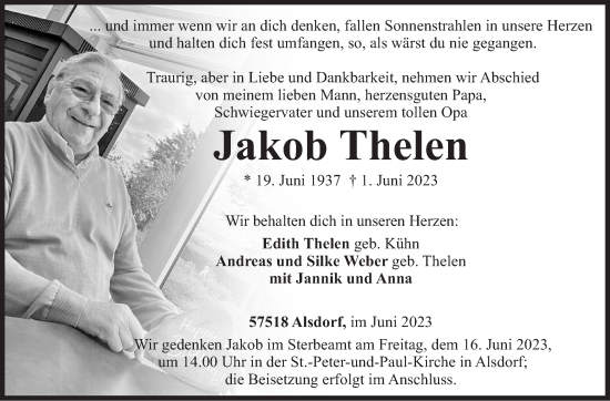 Traueranzeige von Jakob Thelen von Siegener Zeitung