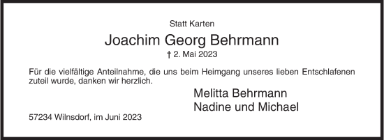 Traueranzeige von Joachim Georg Behrmann von Siegener Zeitung