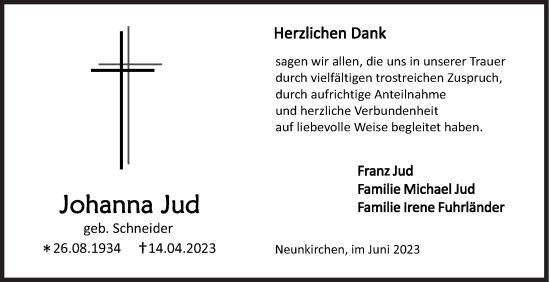 Traueranzeige von Johanna Jud von Siegener Zeitung