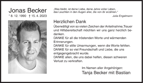 Traueranzeige von Jonas Becker von Siegener Zeitung