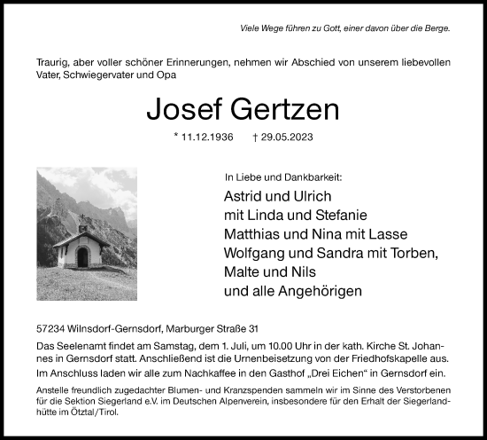 Traueranzeige von Josef Gertzen von Siegener Zeitung