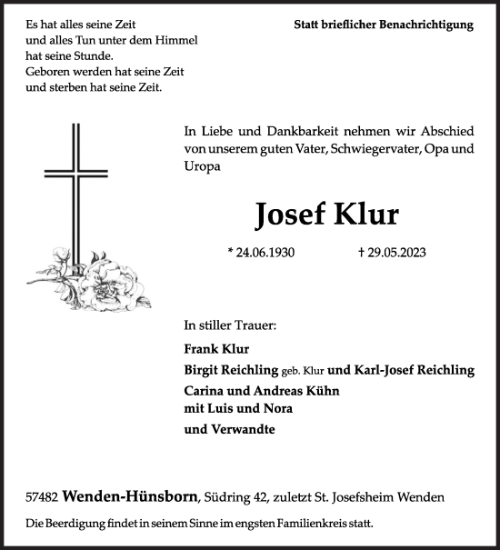 Traueranzeige von Josef Klur von Siegener Zeitung