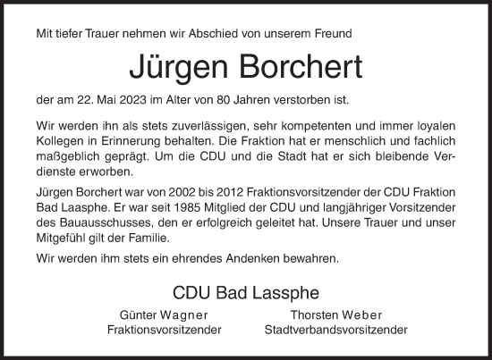 Traueranzeige von Jürgen Borchert von Siegener Zeitung