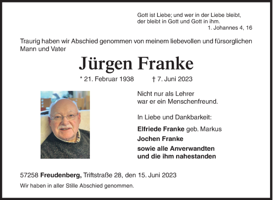 Traueranzeige von Jürgen Franke von Siegener Zeitung