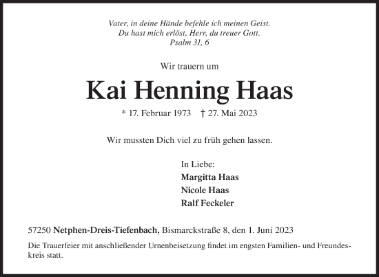 Traueranzeige von Kai Henning Haas von Siegener Zeitung