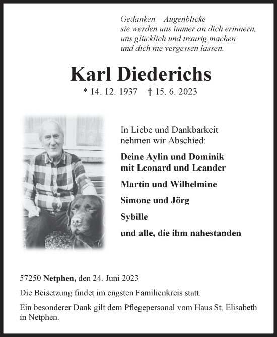 Traueranzeige von Karl Diederichs von Siegener Zeitung