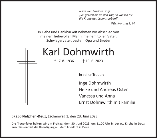 Traueranzeige von Karl Dohmwirth von Siegener Zeitung