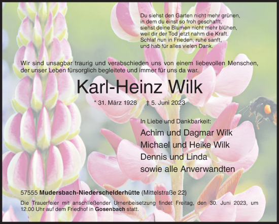Traueranzeige von Karl-Heinz Wilk von Siegener Zeitung