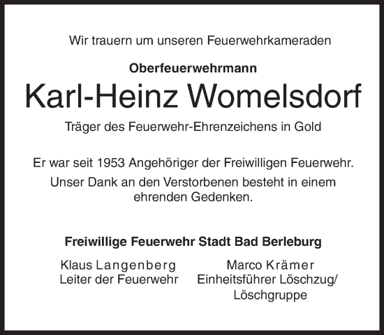 Traueranzeige von Karl-Heinz Womelsdorf von Siegener Zeitung