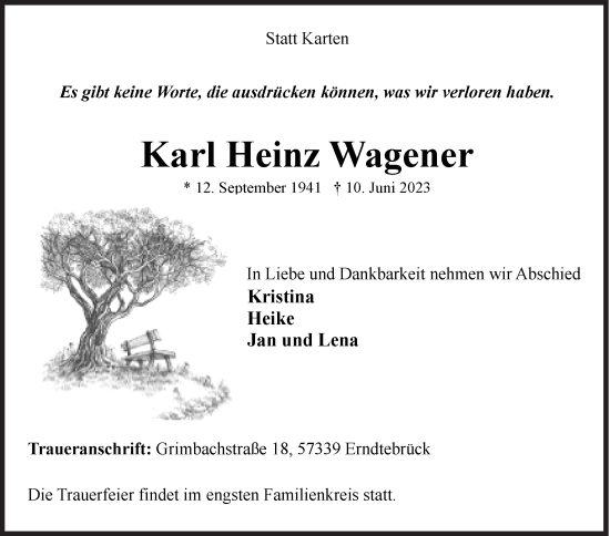 Traueranzeige von Karl Heinz Wagener von Siegener Zeitung