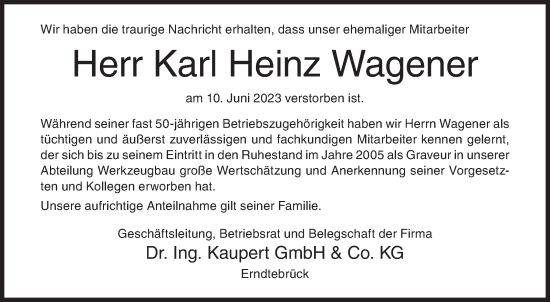 Traueranzeige von Karl Heinz Wagener von Siegener Zeitung