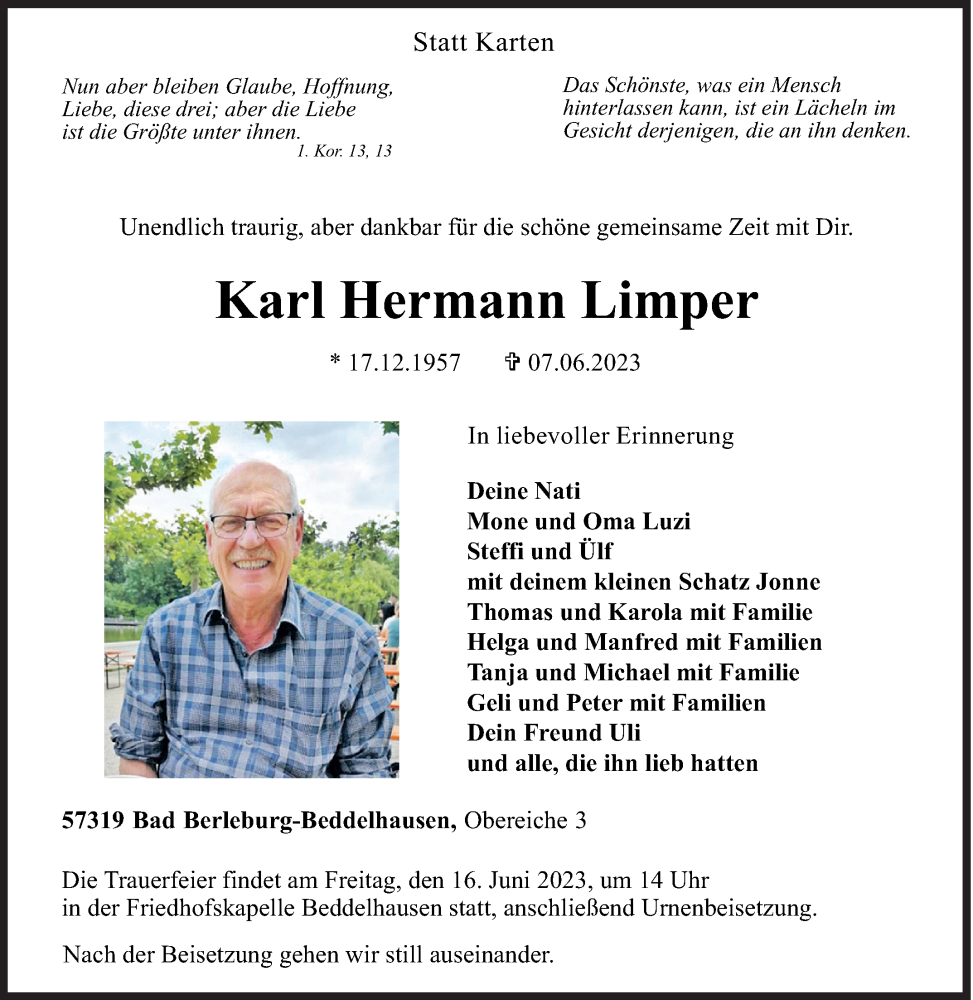  Traueranzeige für Karl Hermann Limper vom 13.06.2023 aus Siegener Zeitung