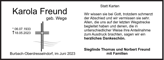 Traueranzeige von Karola Freund von Siegener Zeitung