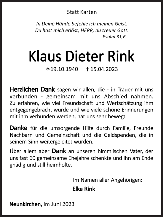 Traueranzeige von Klaus Dieter Rink von Siegener Zeitung