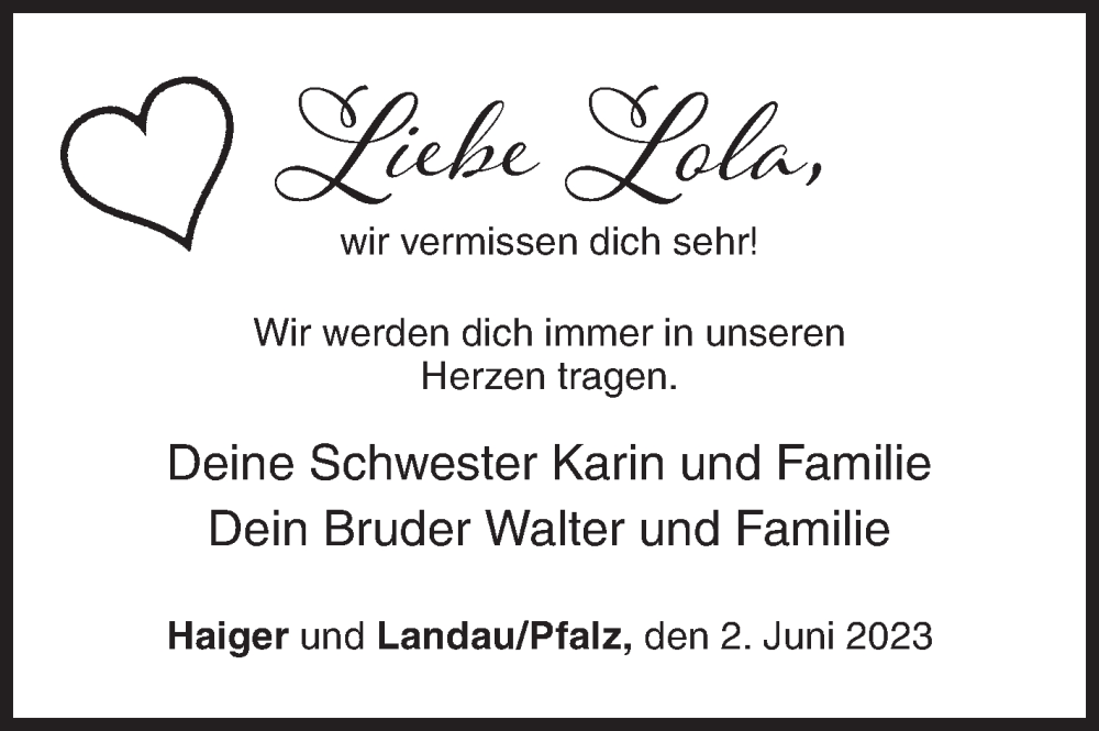  Traueranzeige für Lola  vom 02.06.2023 aus Siegener Zeitung