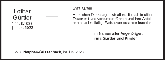 Traueranzeige von Lothar Gürtler von Siegener Zeitung