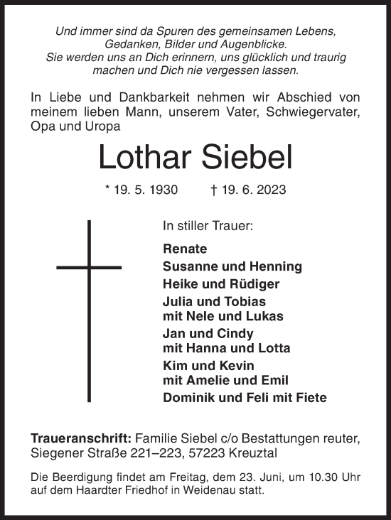Traueranzeige von Lothar Siebel von Siegener Zeitung