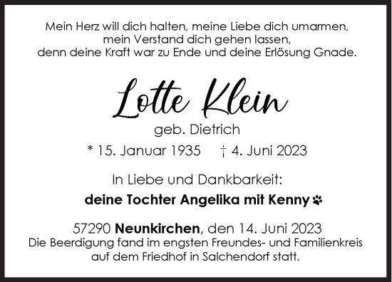 Traueranzeige von Lotte Klein von Siegener Zeitung