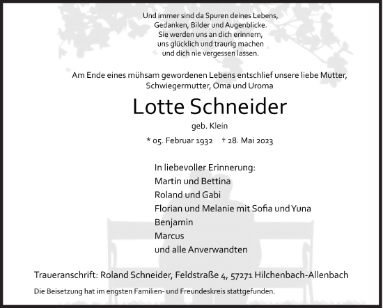 Traueranzeige von Lotte Schneider von Siegener Zeitung
