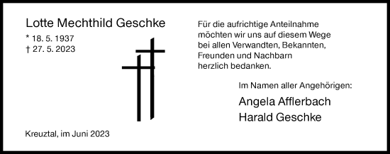 Traueranzeige von Lotte Mechthild Geschke von Siegener Zeitung