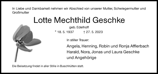 Traueranzeige von Lotte Mechthild Geschke von Siegener Zeitung