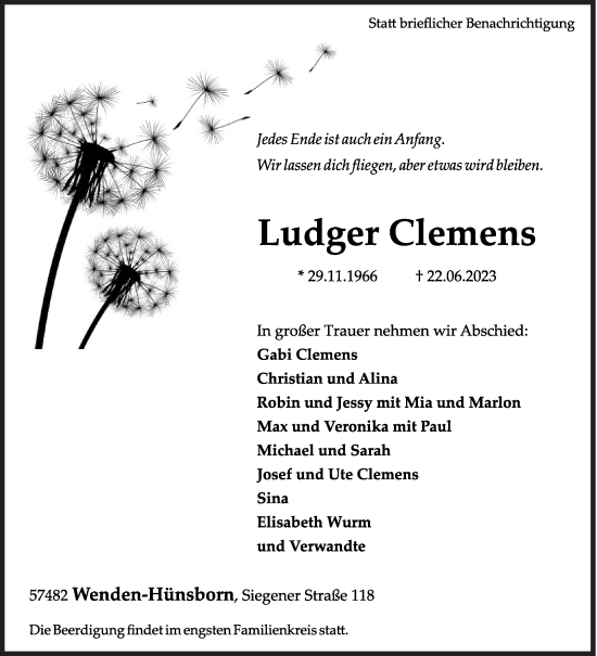 Traueranzeige von Ludger Clemens von Siegener Zeitung