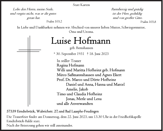 Traueranzeige von Luise Hofmann von Siegener Zeitung