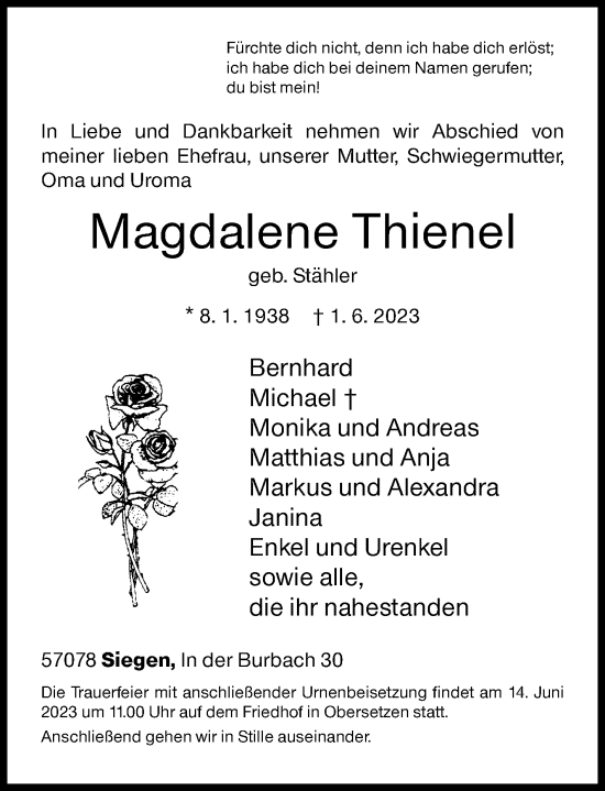 Traueranzeige von Magdalene Thienel von Siegener Zeitung