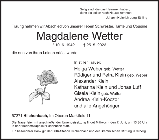 Traueranzeige von Magdalene Wetter von Siegener Zeitung