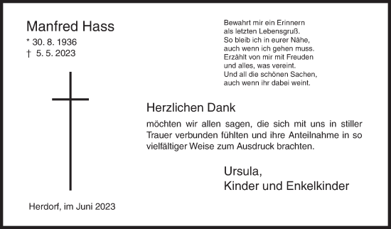 Traueranzeige von Manfred Hass von Siegener Zeitung